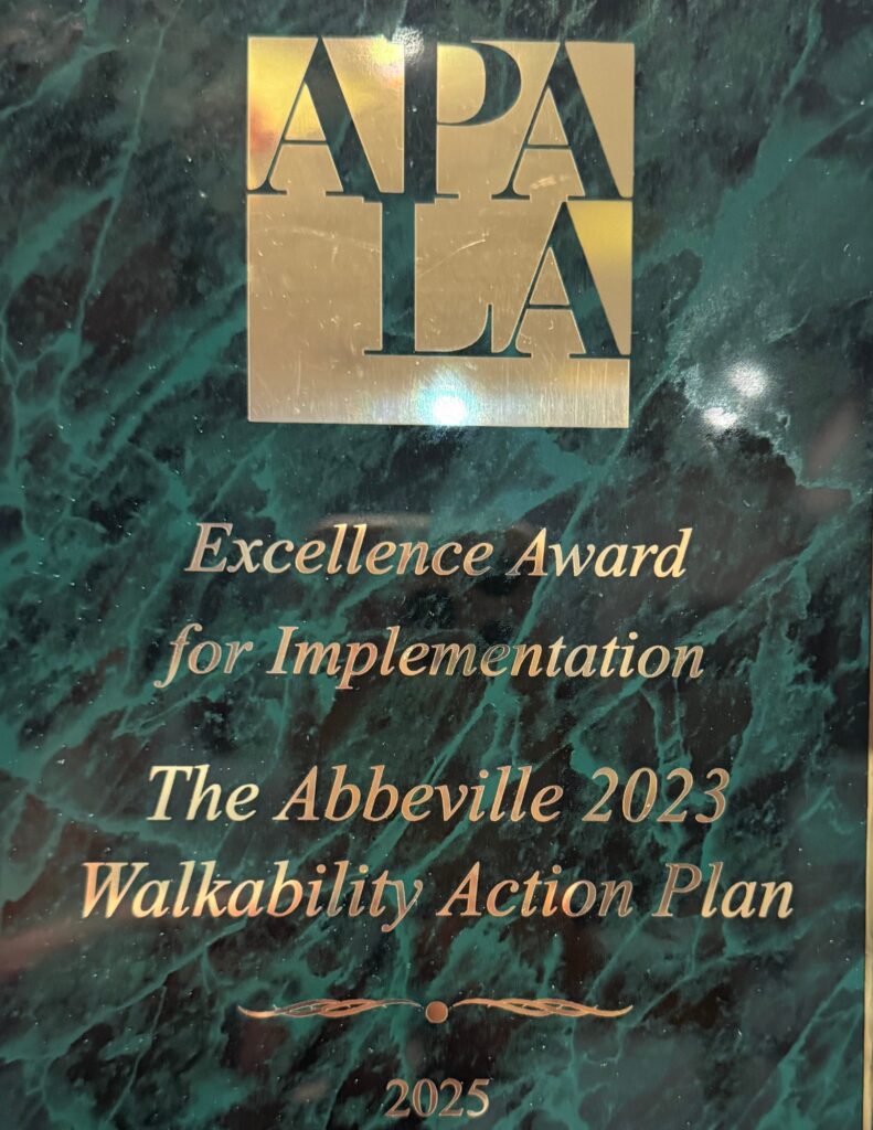 Excellence Award for Implementation awarded to the City of Abbeville for the Walkability Action Plan. 2025