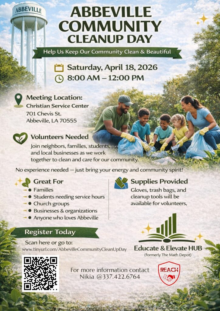 Flyer for Abbeville Community Cleanup Day on Saturday, April 18, 2026 from 8:00 AM to 12:00 PM. Volunteers will meet at the Christian Service Center, 701 Chevis Street in Abbeville. The event invites families, students, businesses, and organizations to help clean the community, and supplies will be provided.
