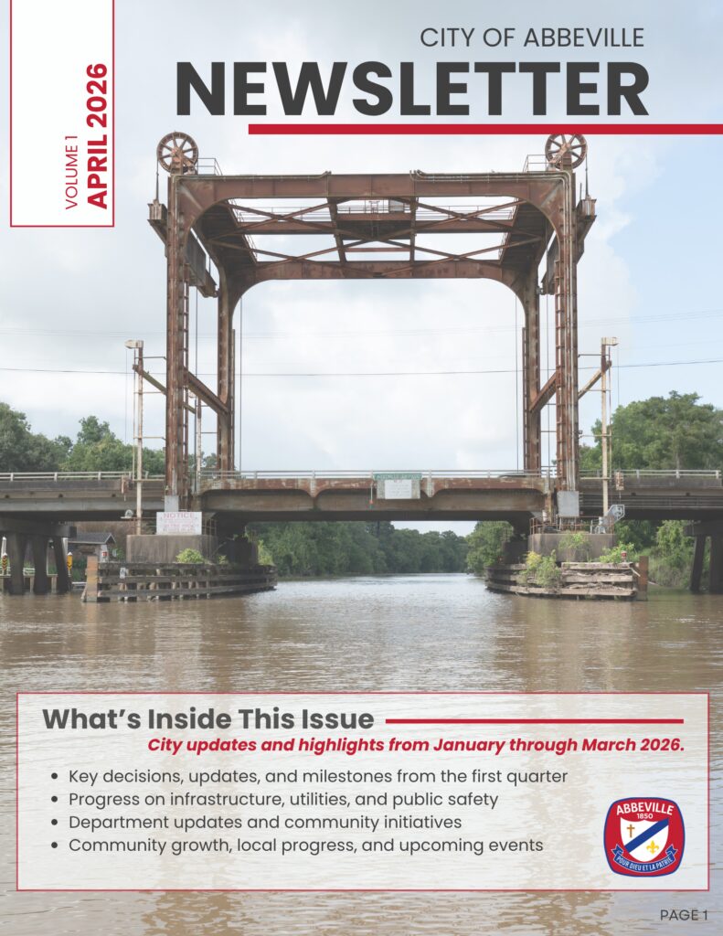 City of Abbeville Newsletter cover featuring the Abbeville drawbridge and listing city updates and highlights from January through March 2026.