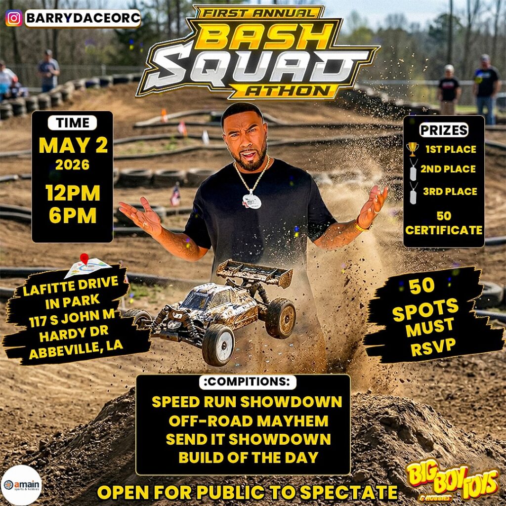 High-energy promotional graphic for the Bashsquadathon at Lafitte Park in Abbeville, showing RC cars in action. Text emphasizes a free community event with competitions, food, drinks, and activities from 12 PM to 6 PM, with sponsors included.